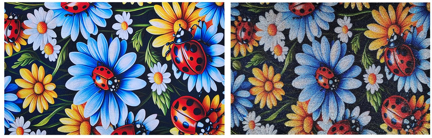 Same artwork printed on felt mat (left) vs tufted coir mat (right) — PAM Innovations print quality comparison