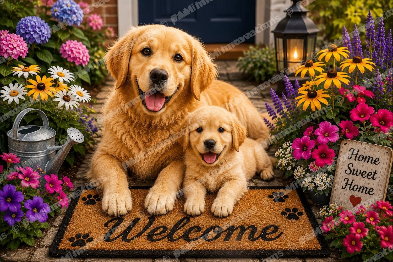 PC-002 Golden Retriever Family – Decorative Pet Door Mat Design