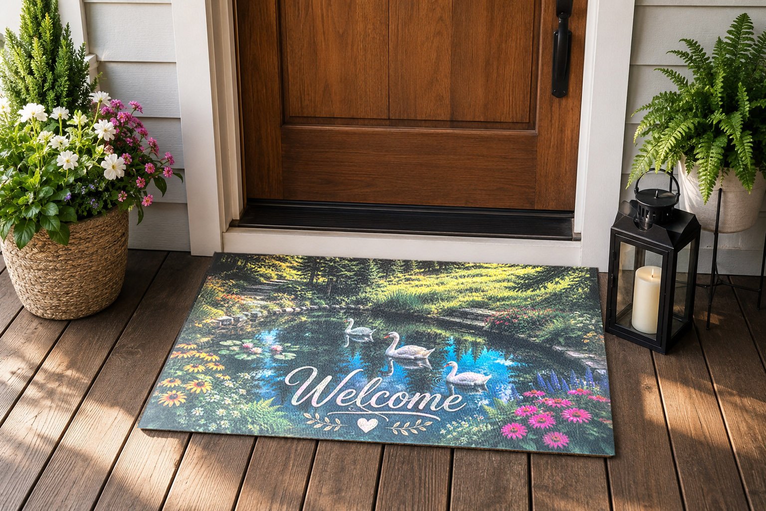 SC-002 Swan Pond — Real Printed Felt Door Mat at Entrance